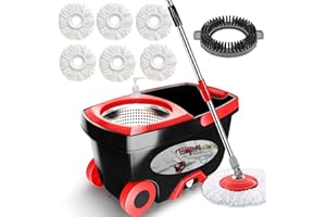 Hardwood Floor Wet Dry Mop,Tsmine Floor Mop Dust Mop Commercial Mop, Spin Mops for Floor Cleaning Mop and Bucket with Wringer Set with 6 Replacement Mop Heads & 1 Cleaning Brush for Hardwood Laminate