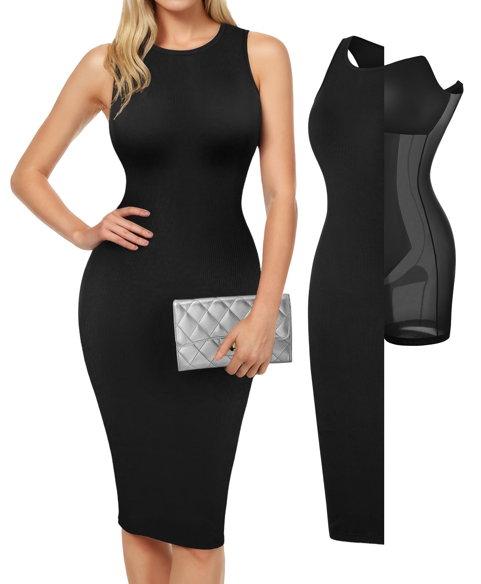 Photo 1 of Popilush Midi Dresses for Women - Summer Black Bodycon Shapewear Sleeveless Crew Neck Dress Causal Party Club Outfits