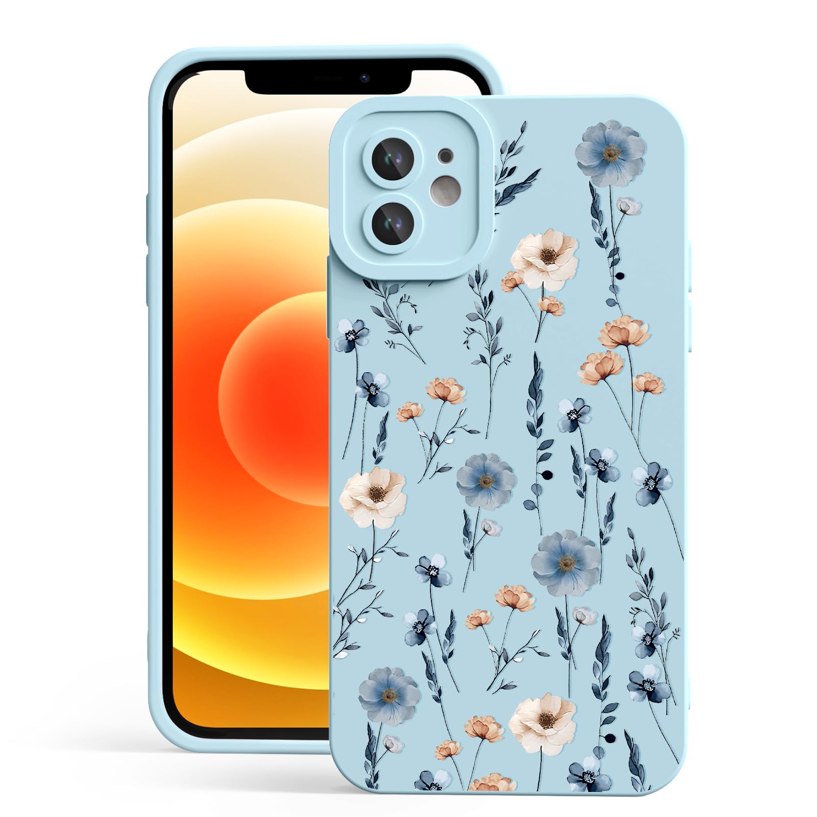 CASBST Case Compatible with iPhone 12, Cute Pretty Print Protective Silicone Case for Girls Women, Ultra-Thin Shockproof Soft Girly Phone Cover for iPhone 12 - Blue Wildflowers