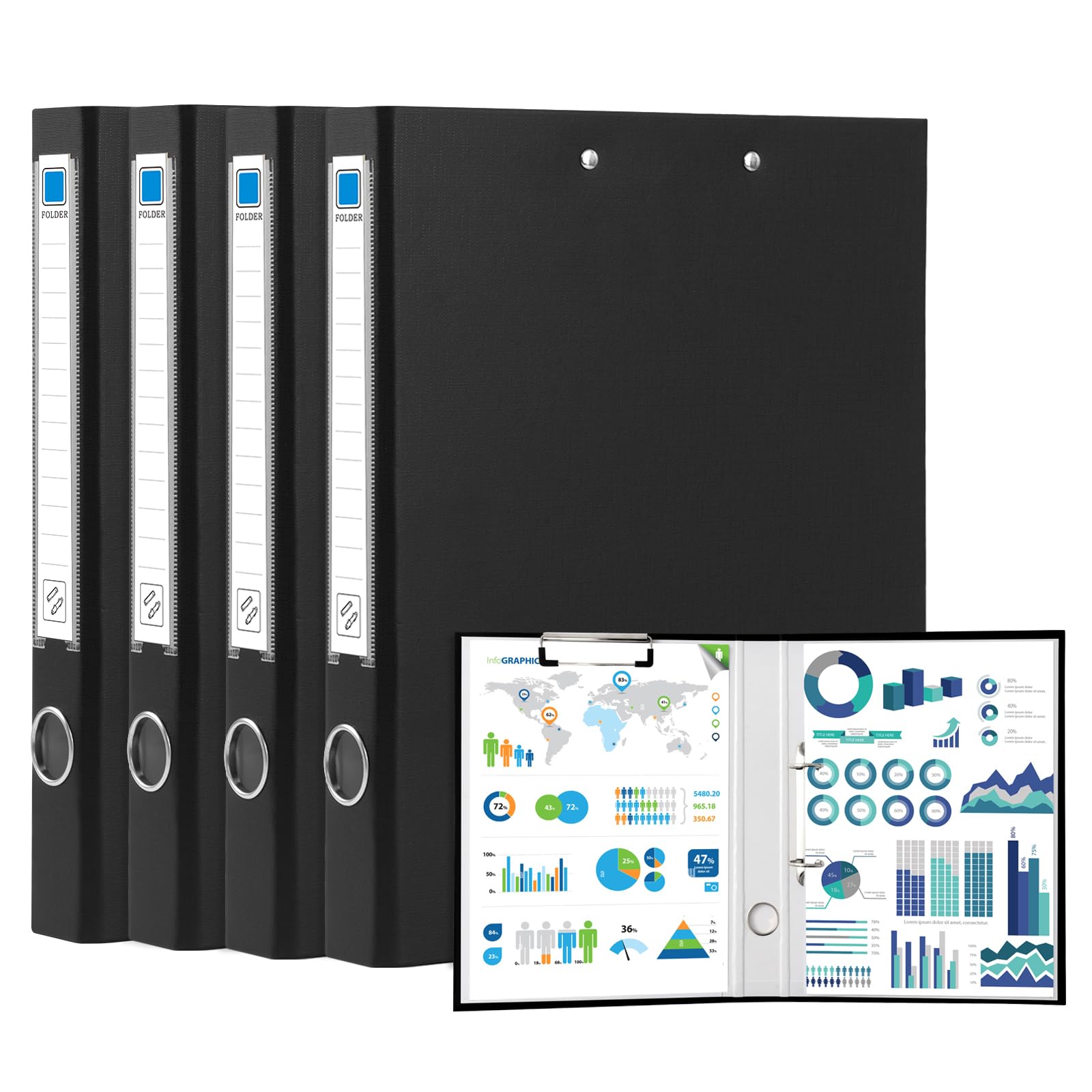 GUOKOFF A4 Ring Binders, 4 Pcs Ring Binder with Clipboard, 2 D-Ring Binder Clipboard Folder, 45mm Spine, Ring Binders Folder Folio for Office, Business, Restaurant