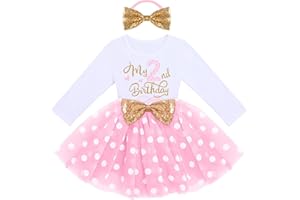 IBTOM CASTLE Baby Girls My 1st 2nd 3rd Birthday Polka Dots Dress w/Headband Long Sleeve Sequin Princess Tutu Cake Smash One Party Gown