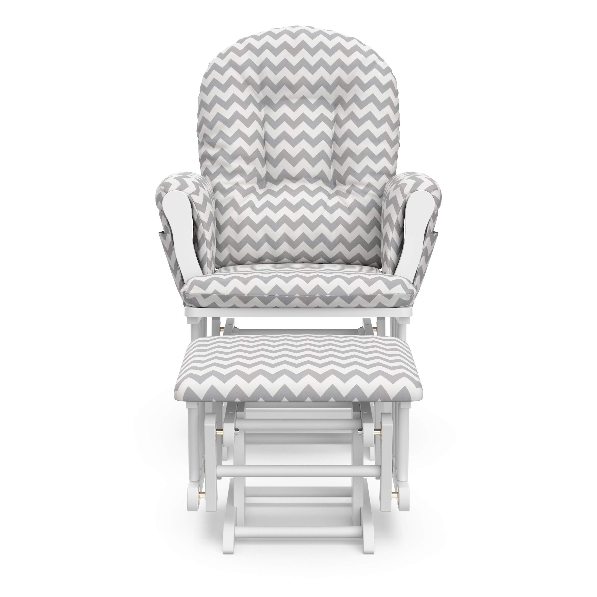 Storkcraft Premium Hoop Glider and Ottoman (White Base, Gray Chevron Cushion) – Padded Cushions with Storage Pocket, Smooth Rocking Motion, Easy to Assemble, Solid Hardwood Base
