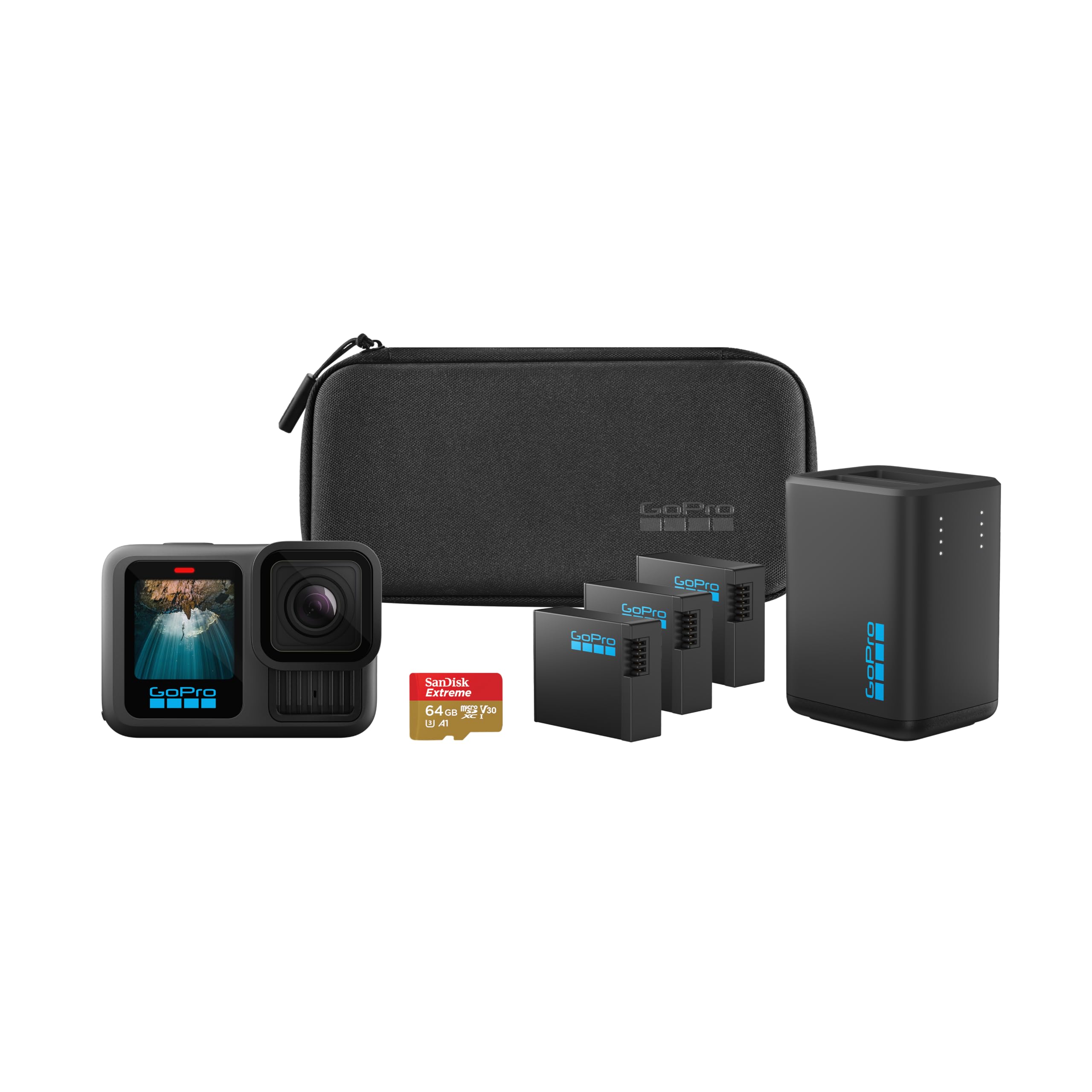 GoPro HERO13 Black Extended Power Bundle - Includes Dual Battery Charger, 3 Enduro Batteries, 64GB SanDisk microSD Card, Camera Case Image
