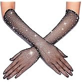 GORTIN Rhinestone Fishnet Long Gloves - Glitter Mesh Elbow Length Rave Gloves for Halloween, Opera Costume