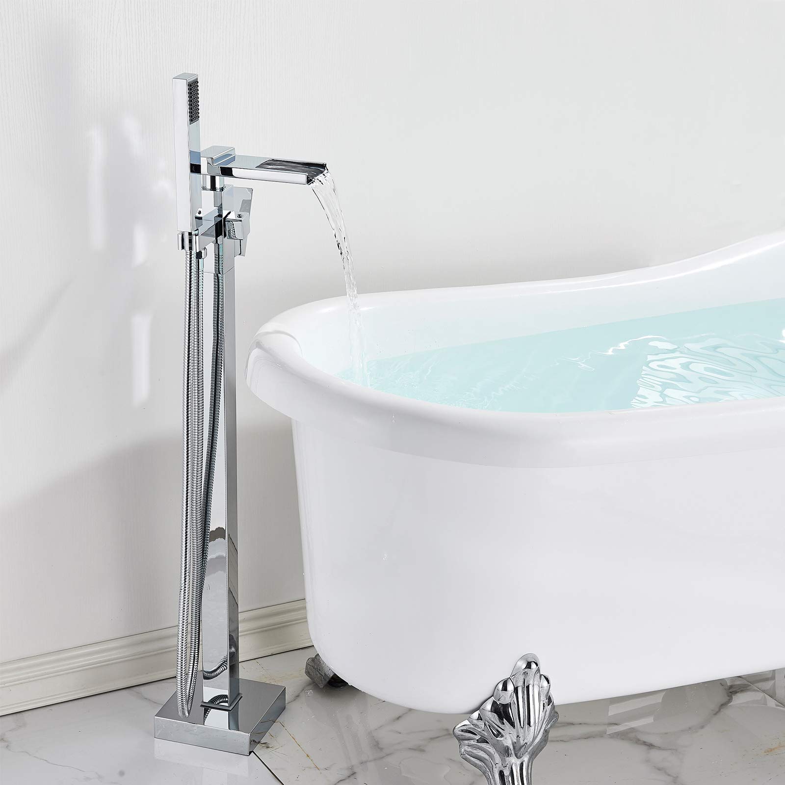 Free Standing Bathtub Tap Waterfall Spout Rozin Bath Shower Mixer Tap with ABS Handheld Sprayer Floor Mounted Chrome Shower Tap