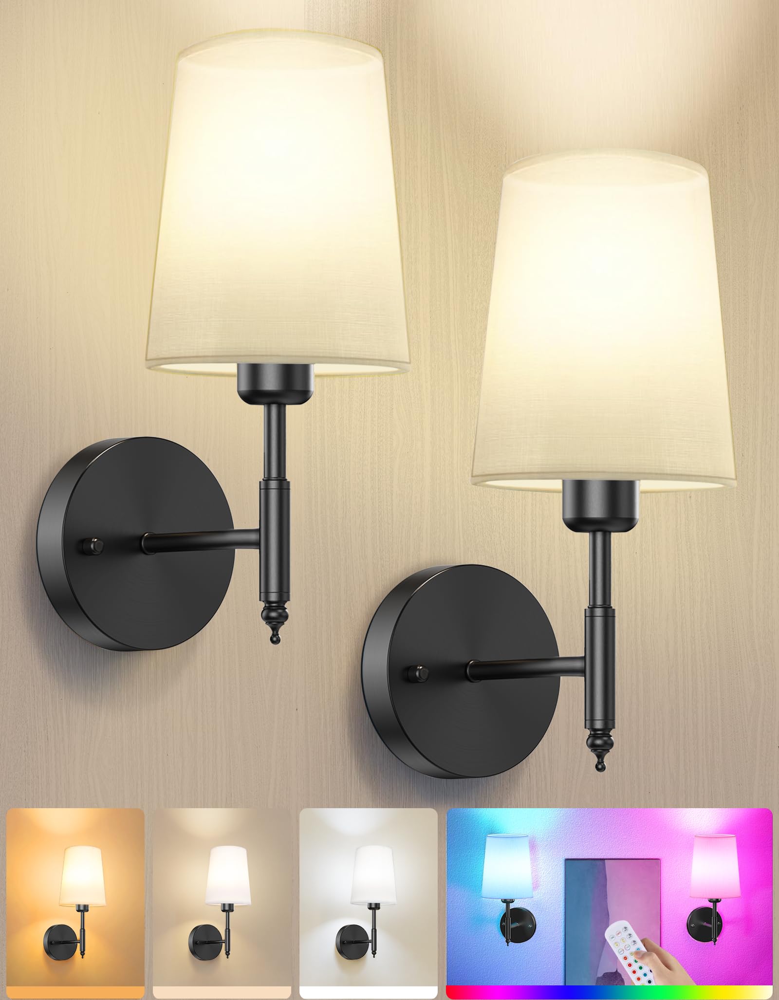 Photo 1 of 10000mAh Battery Operated Wall Sconces Set of Two, Wireless Black Wall Sconce with Rechargeable Bulbs and Remote,15 Colors & Dimmable,Gold Sconces Wall Decor Set of 2 for Bedroom Living Room 13.8 in