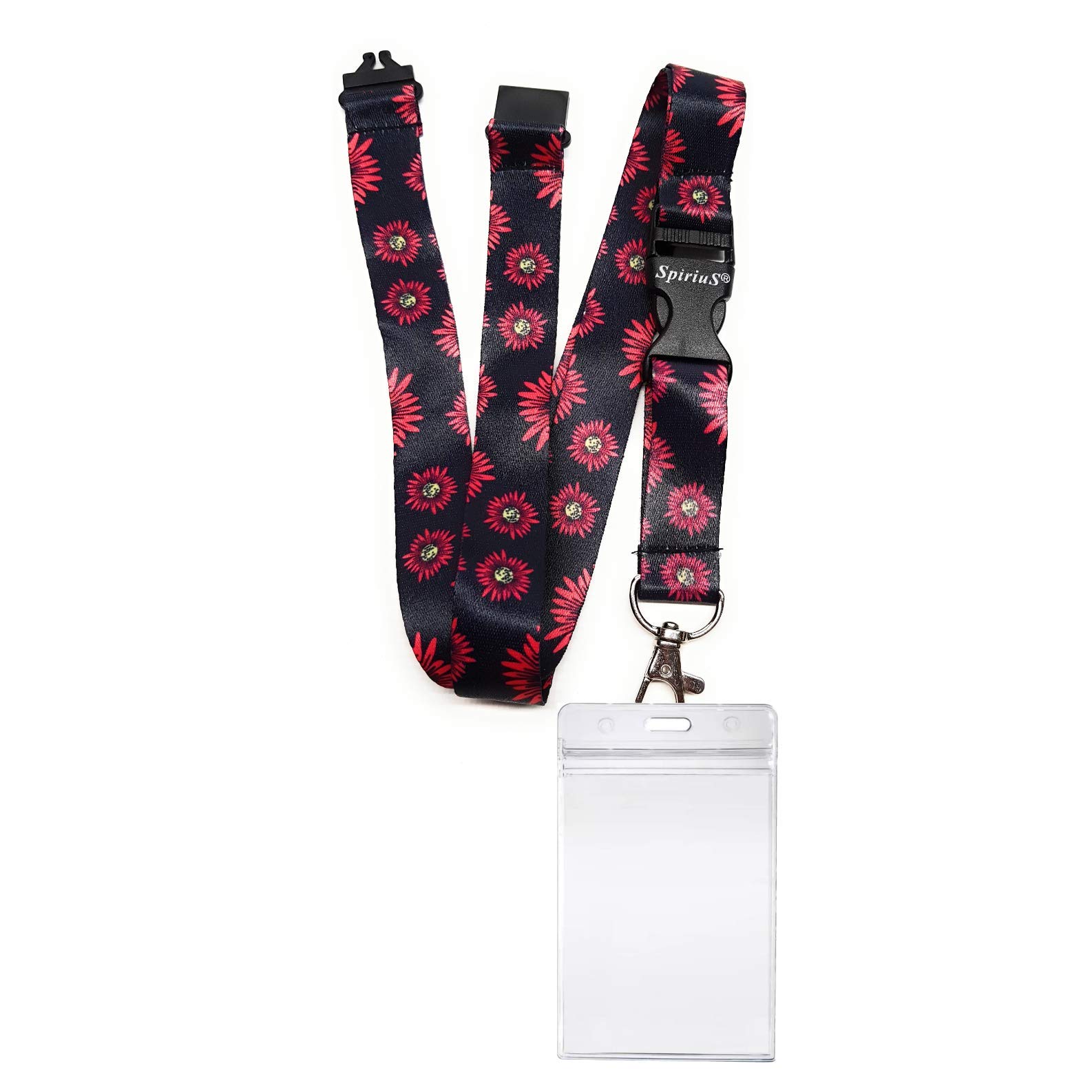 Waterproof Id Badge Holder Zip-Lock Design + Beautiful SpiriuS Lanyard Neck Strap with Metal Clip (Red Flowers in Black)