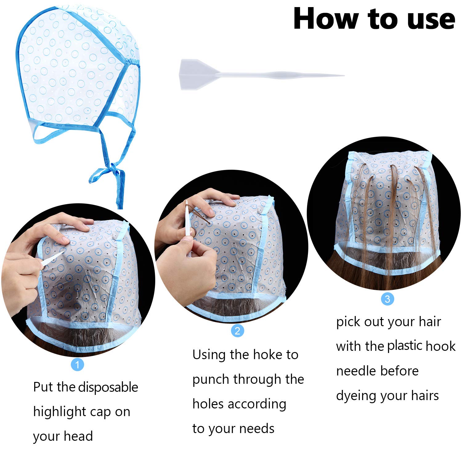 6 Pieces Tipping Cap Highlight Hair Cap Salon Hair Coloring Highlighting Dye Cap with Plastic Hooks for Dyeing Hair Hairdressing Tool (Blue) : Beauty
