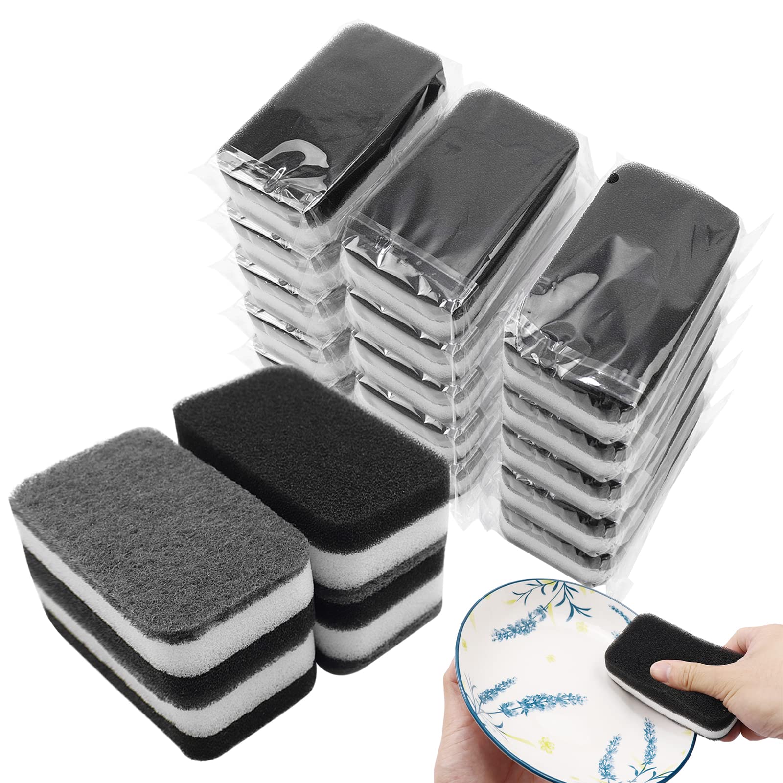 Kitchen Dishwashing Sponge Individually Wrapped Sponges, Bulk Non Scratch Scouring Pad Odor-Free for Washing Dishes Wipes for Household Cleaning Dishes Travel Apartments (Black- 24 Pack)