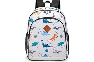 JinBeryl Toddler Backpack Boys, 15 Inch Kids Backpack for Preschool or Kindergarten, Dinosaur White