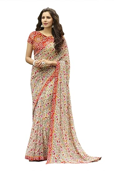 Womens Georgette Printed Saree with Blouse Piece (Multicolor)