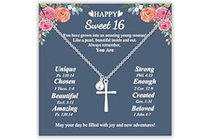 Sereney Happy Birthday Gifts for Girls, Silver Stainless Steel Necklace as 11 13 15 16 Year Old Teens Birthday Gift, Adjustable Cross Pearl Necklace Birthday Gifts for Daughter Granddaughter Niece Girls