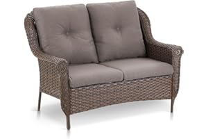 Pugire Patio Wicker Loveseat 2-Person Sofa - Heavy Duty Outdoor Resin Rattan Lawn Sofas for Front Porch Balcony Backyard Yard Deck Apartment – Brown/Grey