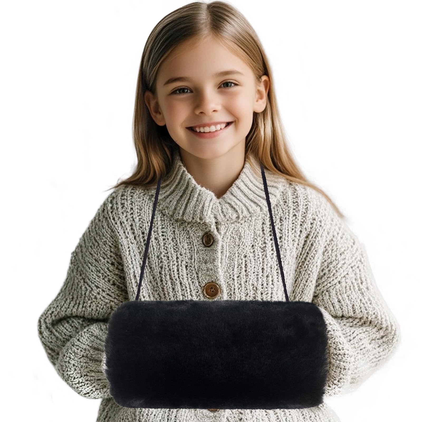 SwirlColor Handmuff, Faux Fur Hand Muff of Strap Pocket Convenient Black Hand Warmer for Girls Boys