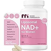 Liposomal NAD+ for Women Complex, 180 Veggie Capsules | 12-in-1 Advanced NAD Formula with Resveratrol, Hyaluronic Acid, Glutathione, & Collagen | NMN Pathway Supplement