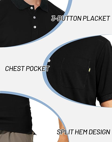 MIER MEN’S POLO SHIRTS POCKET SHORT SLEEVE QUICK DRY COLLARED GOLF SHIRT KNIT COLLAR FOR TENNIS, CASUAL,BLACK, L