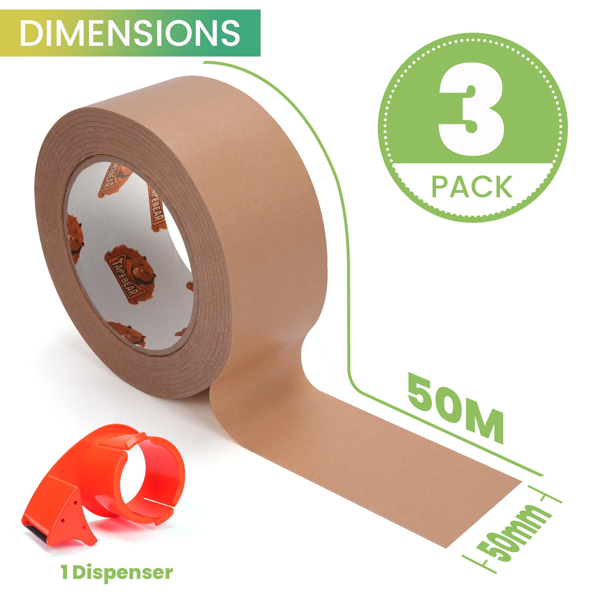 TAPEBEAR 3er Rollen Papier-Klebeband mit Spender, 5cm x 50m 6