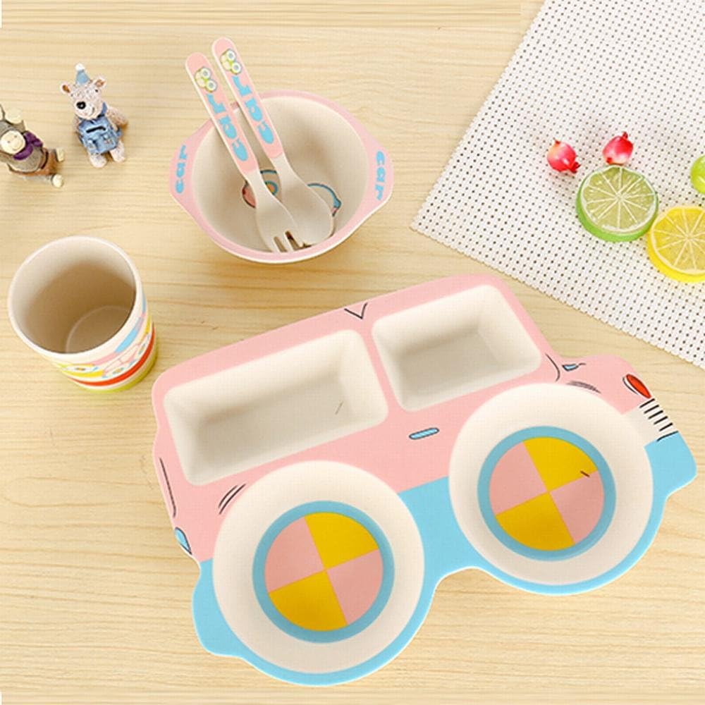 FJM Environmental Protection Bamboo Fiber Truck Child Points Plate Set Baby Food Bowl Cute Fork Spoon Set Set Tableware,Pink