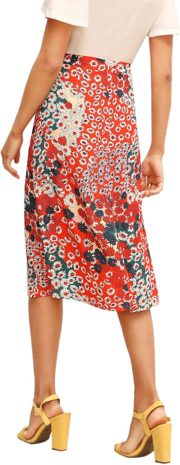 Floerns Women's Boho Floral High Waist Split A Line Midi Skirt at  Women’s Clothing store