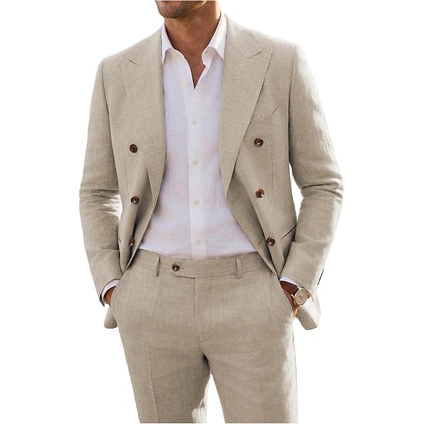 Mens Beach White Linen Double Breasted Fuction Sleeve Buttons