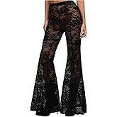 Verdusa Women's Sheer Lace High Waist Flared Leg Pants Bell Bottom Lightweight Summer Outfit