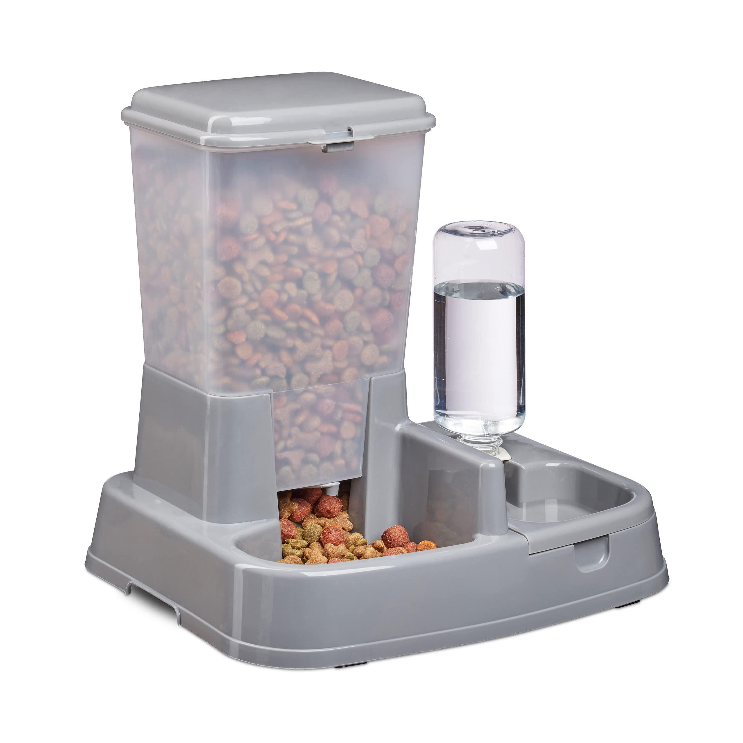 Relaxdays 2in1 Pet Feeding Station, Dual Food and Water Dispenser for Cats & Dogs, Bottle, 4 L, Plastic, Dark Grey