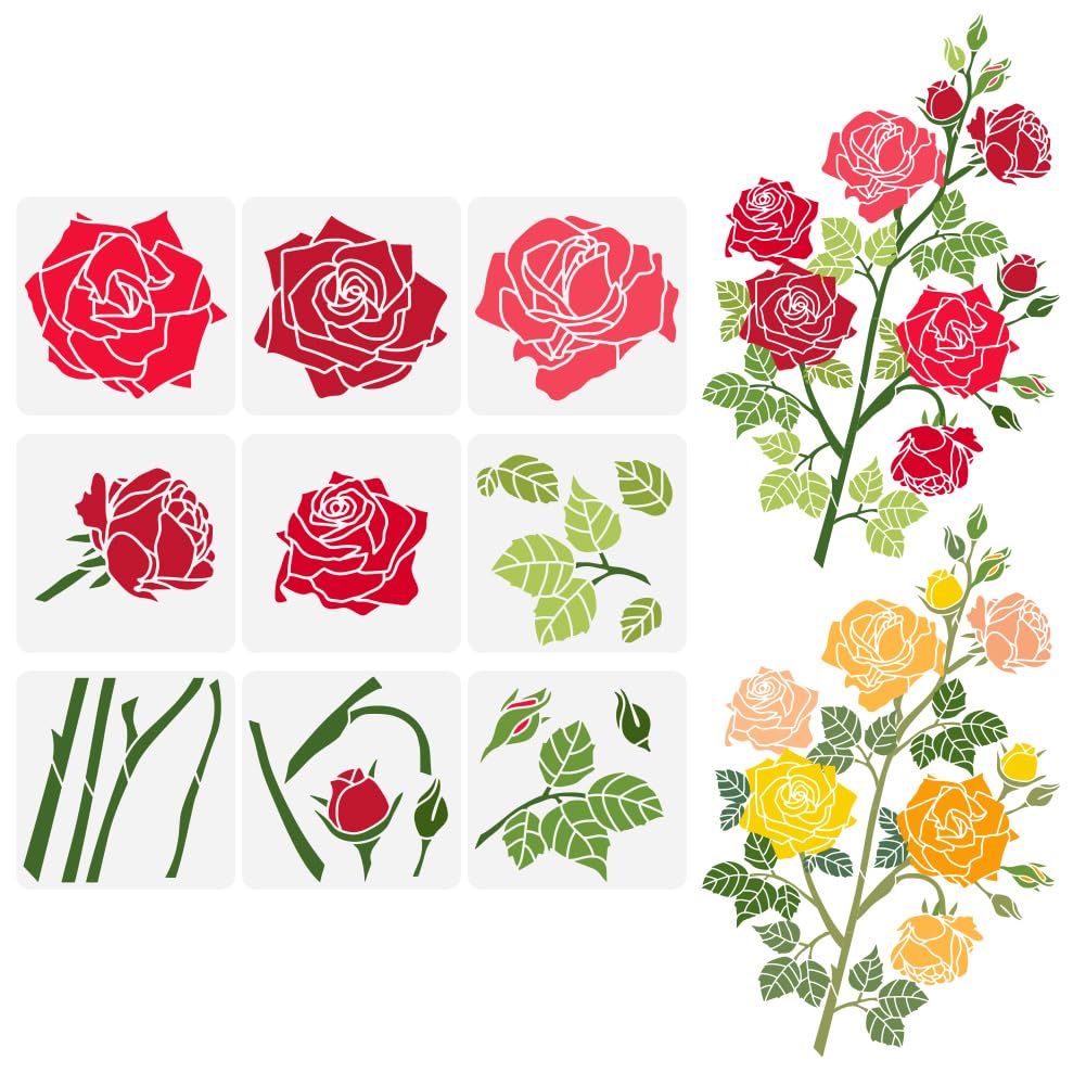FINGERINSPIRE 9pcs Large Rose Stencil - 30x30cm Reusable Rose Flower Stencil for Garden Fence, Wall, Wood Furniture