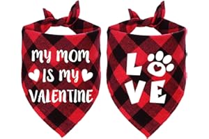 STMK 2 Pack Valentine's Day Dog Bandanas, My Mom is My Valentine Love Plaid Dog Puppy Bandana for Dog Puppy Valentine's Day Wedding Holiday Party Decorations (Red, My Mom is My Valentine & Love)