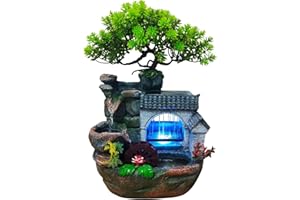 KUNGHEI 11" Desktop Fountain Rock Waterfall Humidifier with Artificial Tree &LED Light, Tabletop Water Fountains Indoor Fake Plant Bonsai Tree Feng Shui Decoration for Aquariums Office Bedroom Home Décor