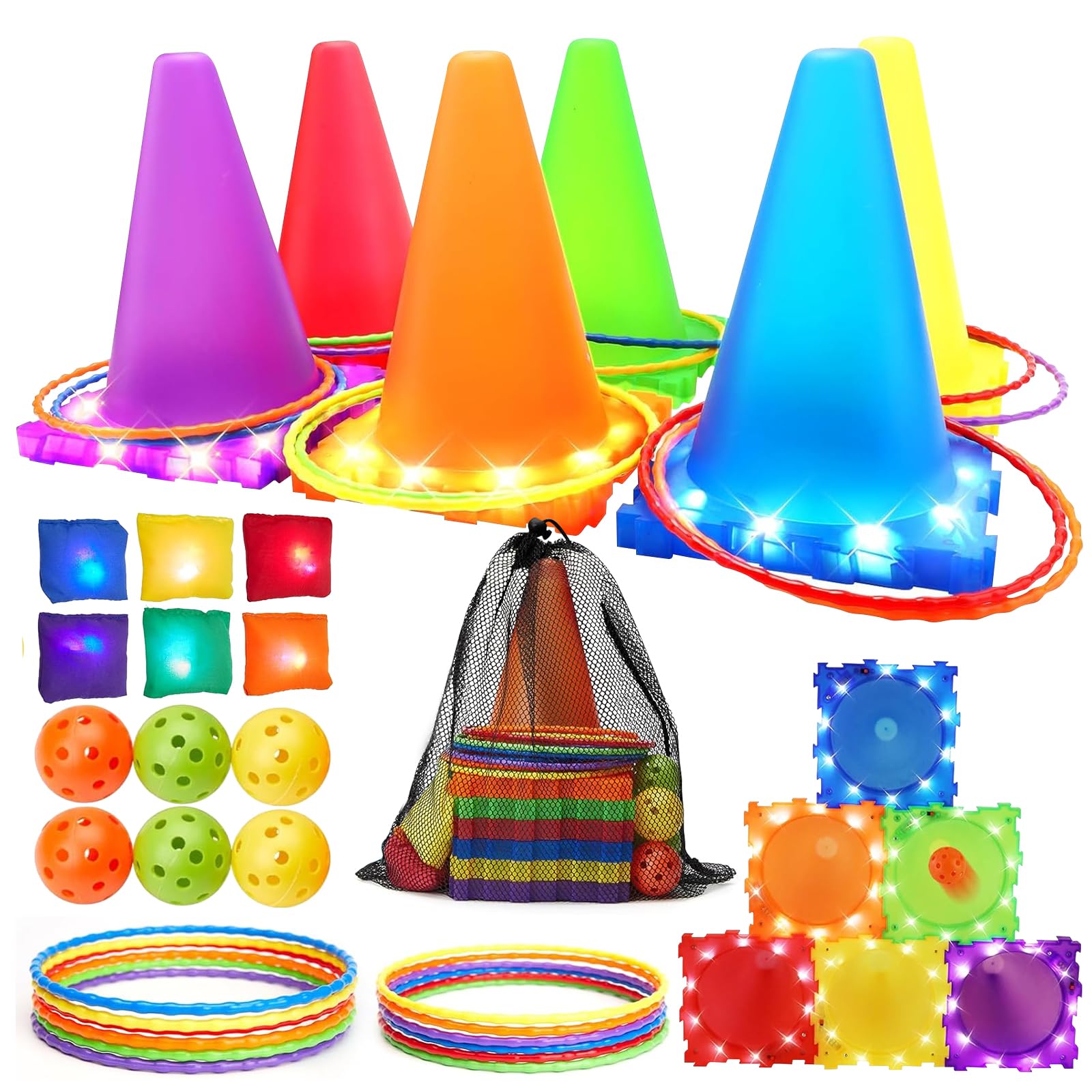 Bean Bag Toss Game Toys - Light Up 3 in 1 Carnival Games Set, Cones Bean Bags Ring Toss, Garden Game Indoor Outdoor Throwing Games for Family Activity, Gifts for Age 3+ Years Old Girls Boys Toddlers