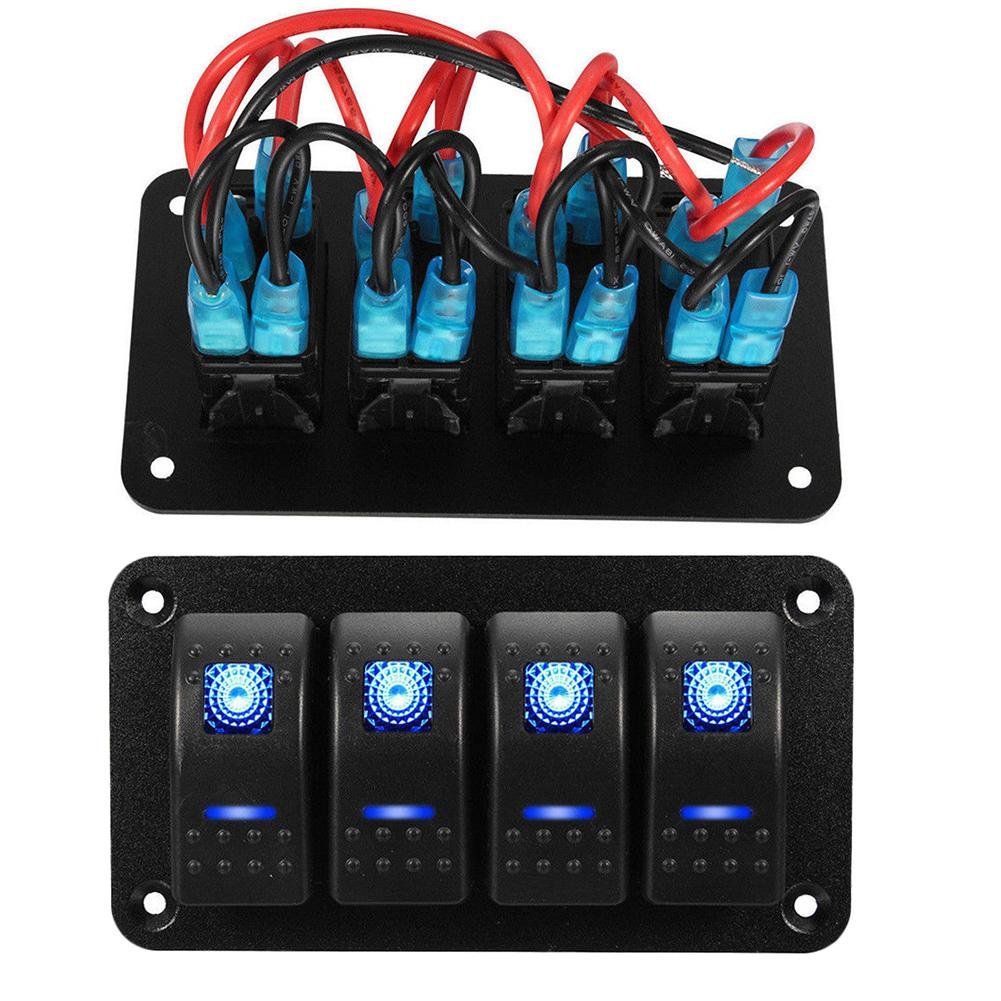 Rocker Switch Panel Custom Switches 4 Gang Toggle Switches Dash 5 Pin ON/OFF LED Backlit for RV Boat Car Marine Accessory Blue