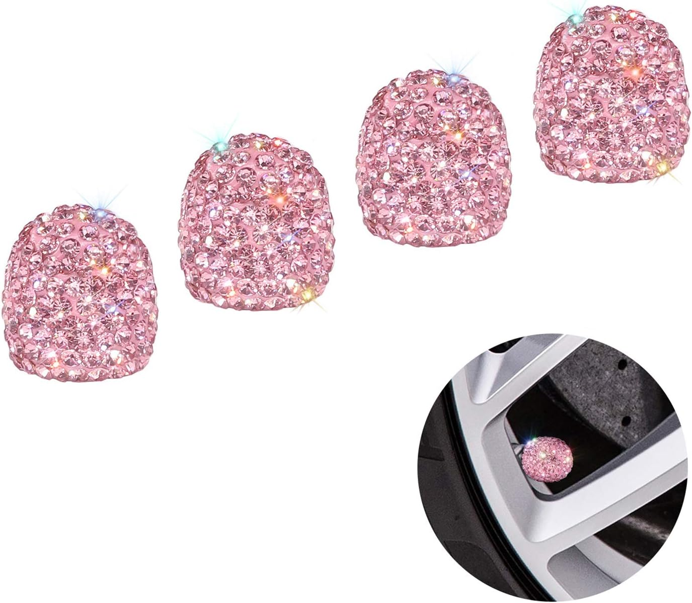QBeel Valve Stem Caps, 4 Pack Handmade Rhinestone Tire Valve Caps Crystal Universal Tire Caps for Car Wheels - Pink