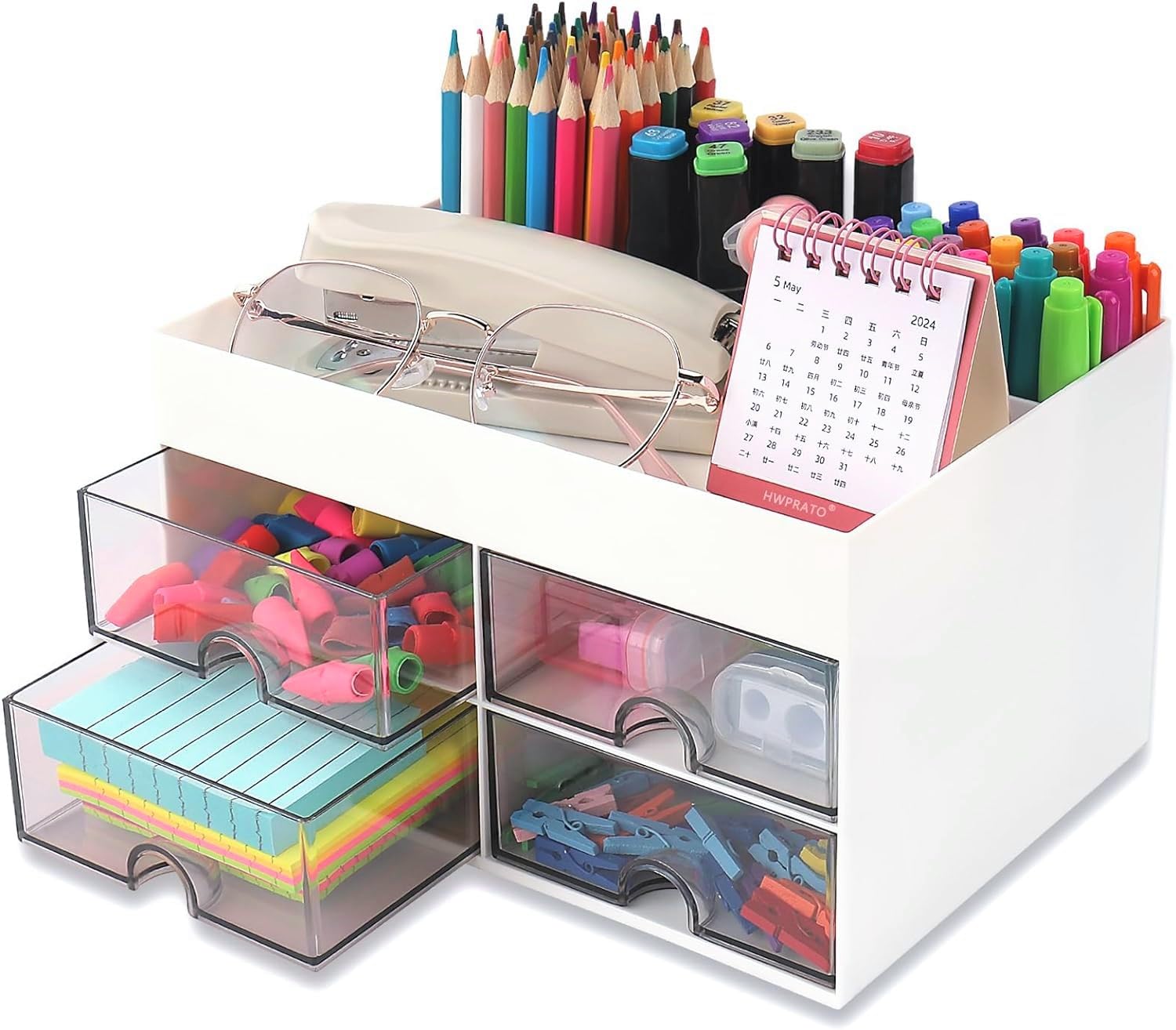 KAHEIGN Desk Organiser with 4 Drawers, 19CM x 14CM Multi-Functional Desk Tidy Organiser Large Capacity Pen Holder Makeup Organizer for Kids Teacher Gift Office School Home Table Decor (White)