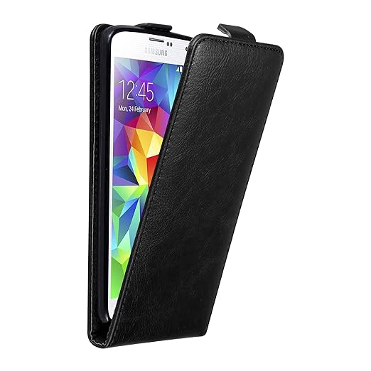 Cadorabo Hülle für Samsung Galaxy S5 Mini / S5 Mini DUOS in Nacht SCHWARZ - Handyhülle im Flip Design mit Magnetverschluss - 
