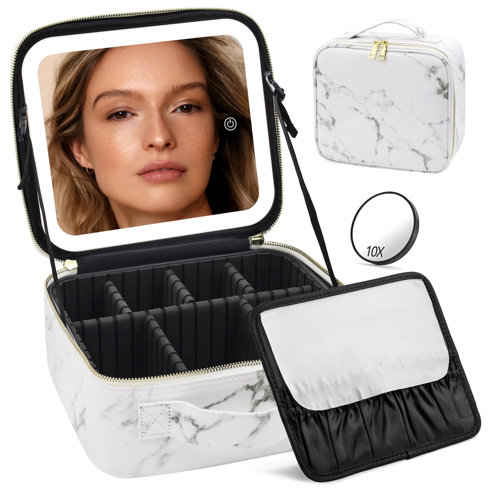 Travel Makeup Bag with Mirror and Lights, Makeup Case with Lighted Mirror 3 Color Lights, Travel Cosmetic Case Makeup Organizer Bag with Adjustable Dividers & Brushes Holder(Marble)