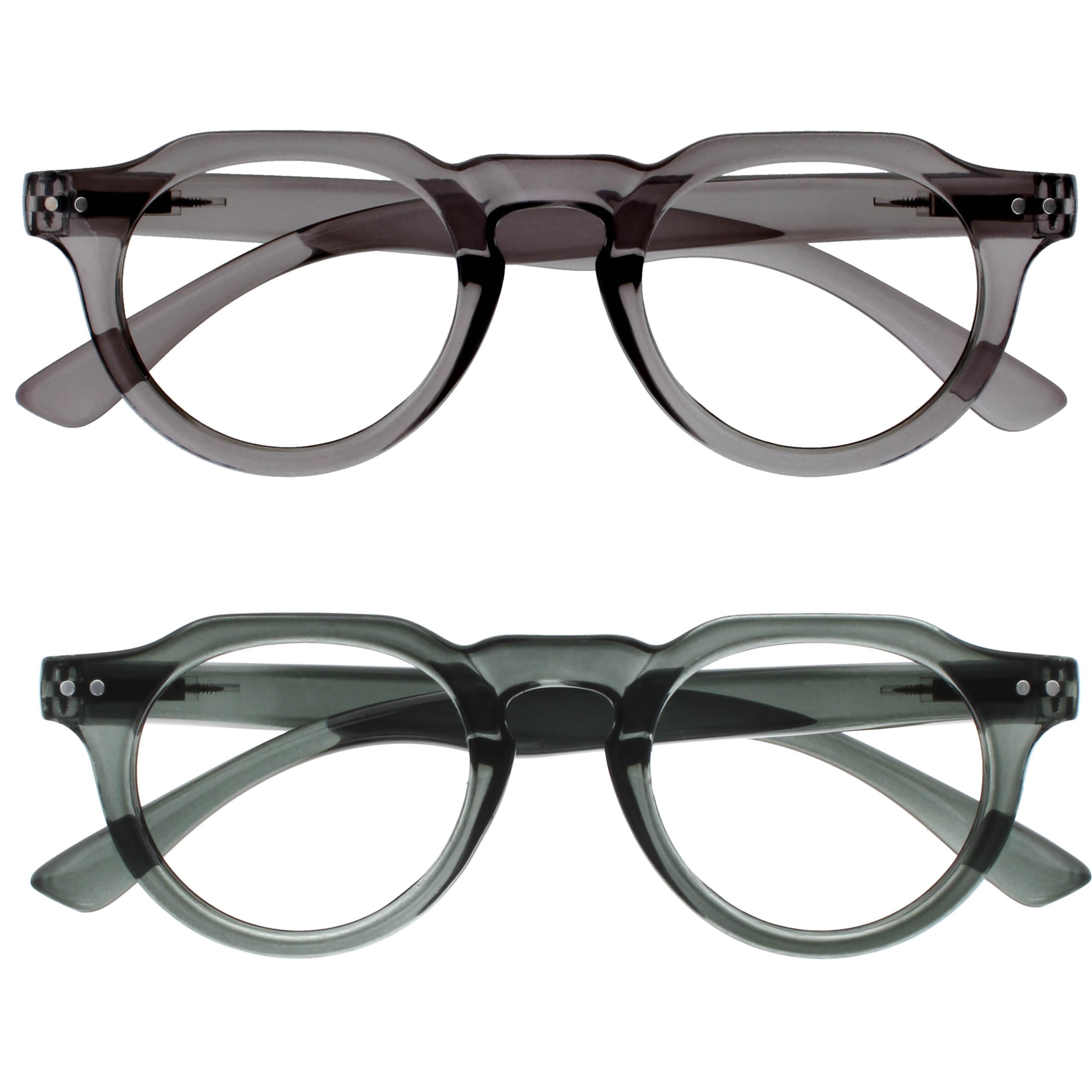 OPULIZE RIO Blue Light Blocking Reading Glasses - 2-Pack - Flat Top Frame - Green, Grey - Mens Womens - Spring Hinges - BB53-67 - +1.00