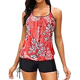 Yonique Womens Blouson Tankini Swimsuits Two Piece Strappy Bathing Suit Tops with Shorts Criss Cross Swimwear
