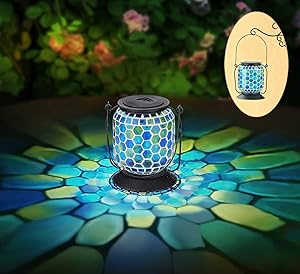 OhEffulgence Mosaic Solar Lantern Outdoor Hanging, Solar Table Lamps Decorative in Honeycomb Glass & Cool Blue Color, Solar Powered Waterproof Umbrella Lights, Garden,Patio,Pathway & Yard Decor, 6.5