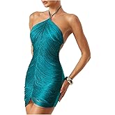 Floerns Women's Tassel Halter Dress Sleeveless Open Back Date Night Bodycon Mini Dresses