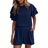 KIRUNDO Two Piece Sets For Women Summer Casual Loose Ruffle Short Sleeve Matching Shorts Sets Beach Vacation Cruise Outfits
