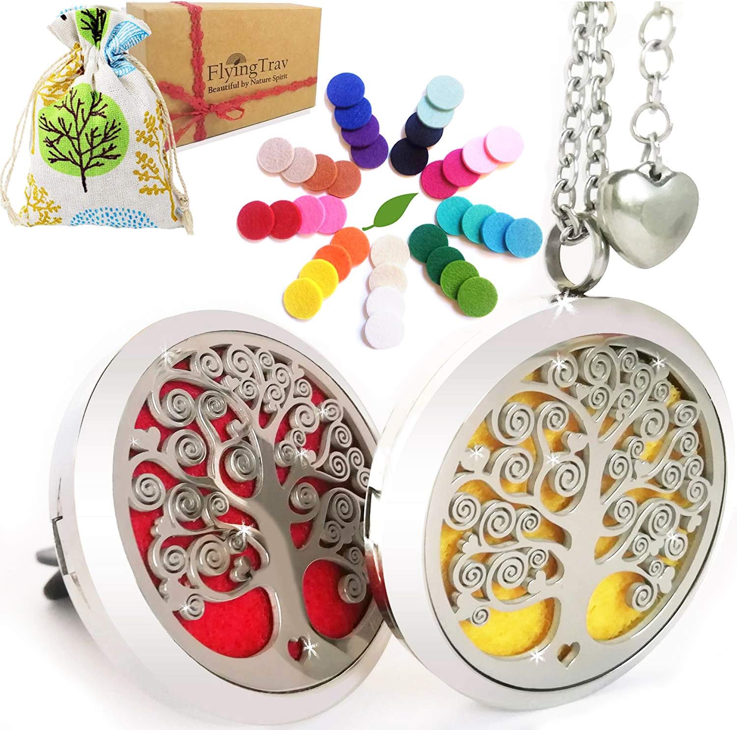 Essential Oil Diffuser Necklace Aromatherapy - Gifts for Women Unique Tree of Life Locket Pendant & Car Vent Clip Eco Set, 27+2" Adjustable Chain Stainless Steel Engraved Oils Jewelry 36pc Refill Pads