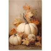 Vintage Fall Wall Art White Pumpkin Wall Decor Autumn Still Life Canvas Print Thanksgiving Rustic Farmhouse Fall Leaves Poster Neutral Harvest Painting for Kitchen Dining Room 12x16inch Unframed