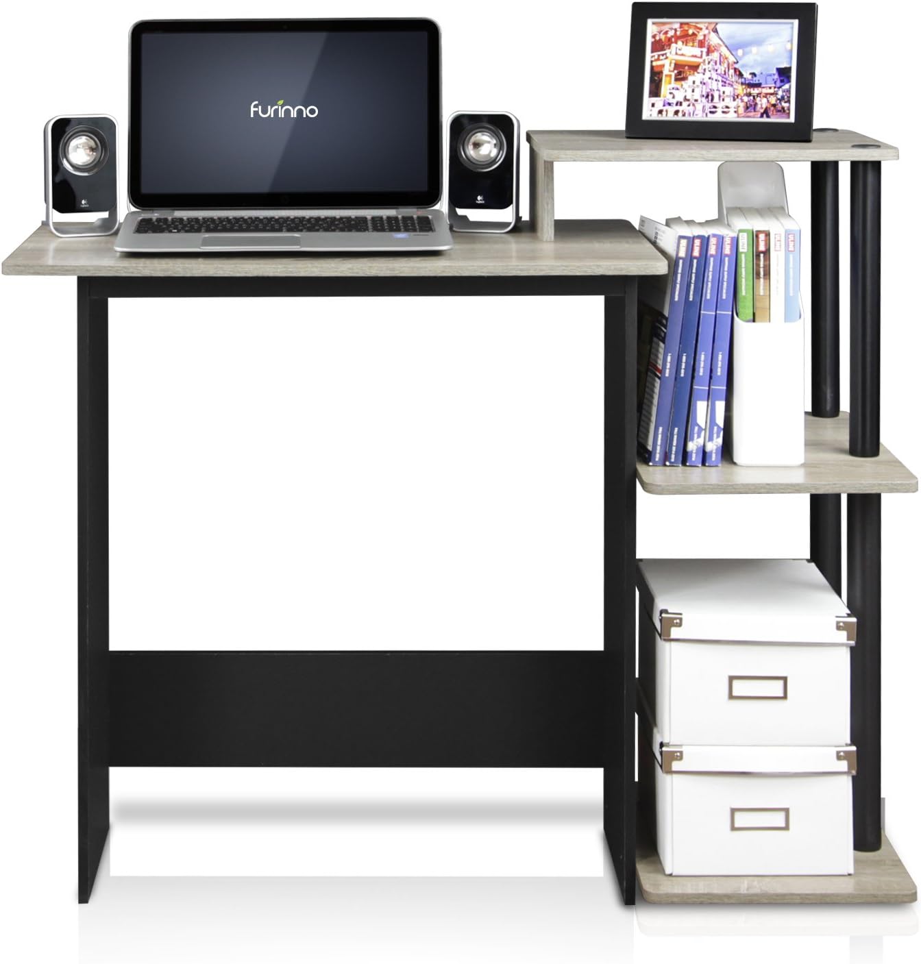 FURINNO Efficient Home Laptop Notebook Computer Desk, Square Side Shelves, French Oak Grey/Black: Furniture & Decor