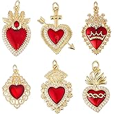 Hobbspring 6Pcs Red Gothic Heart Charm 6 Styles 18K Gold Plated Brass Cubic Zirconia Sacred Heart Charms Mexican Love Charm with Jump Ring for Jewelry Necklace Bracelets Earrings Making DIY Crafts