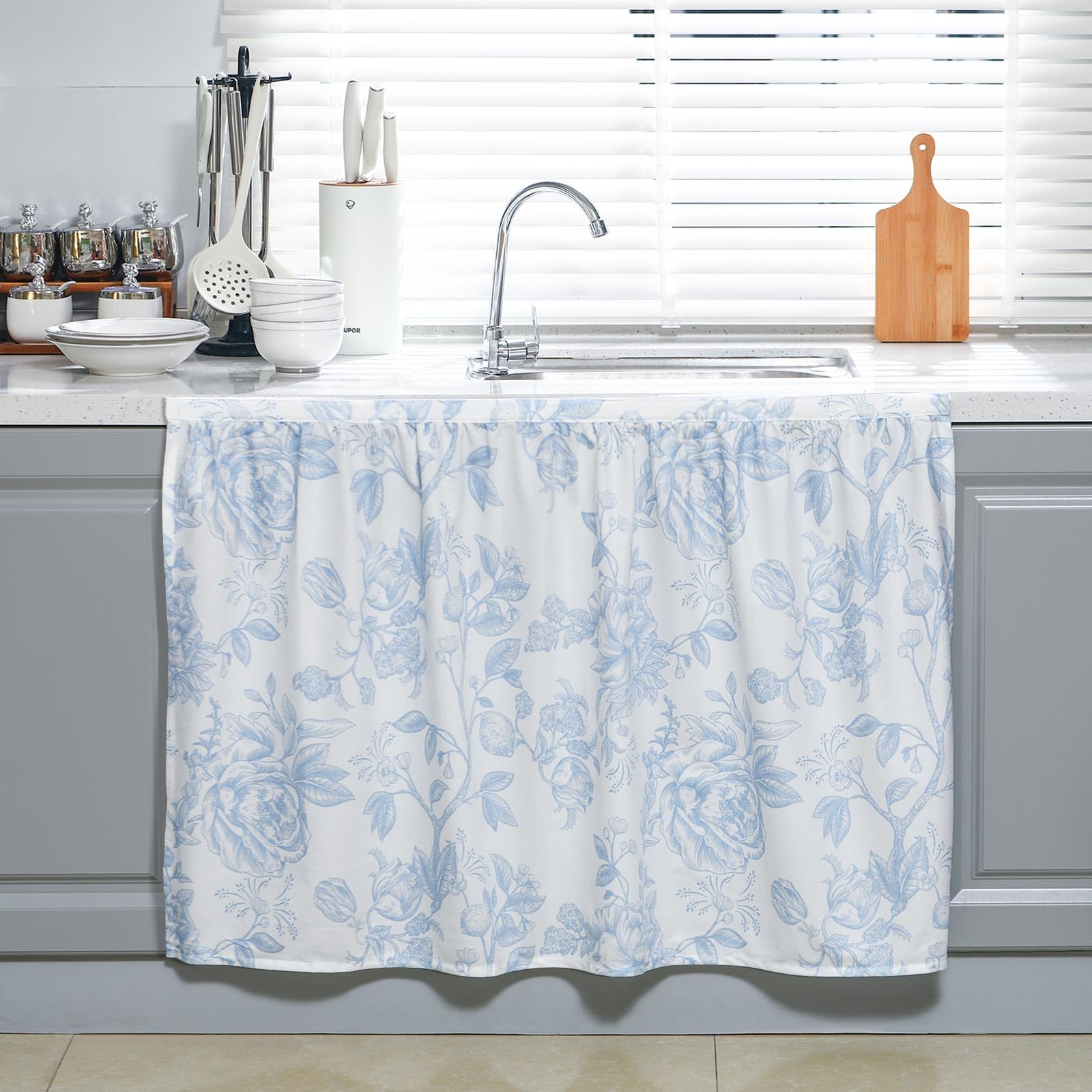 Photo 1 of Cabinet Curtains 27.6" W x 35.4" L Sink Skirt for Bathroom Kitchen Botanical Flower Floral Cabinet Curtains for Classroom Home Farmhouse Rustic Drape Under Desk Privacy Drape for Laundry Room