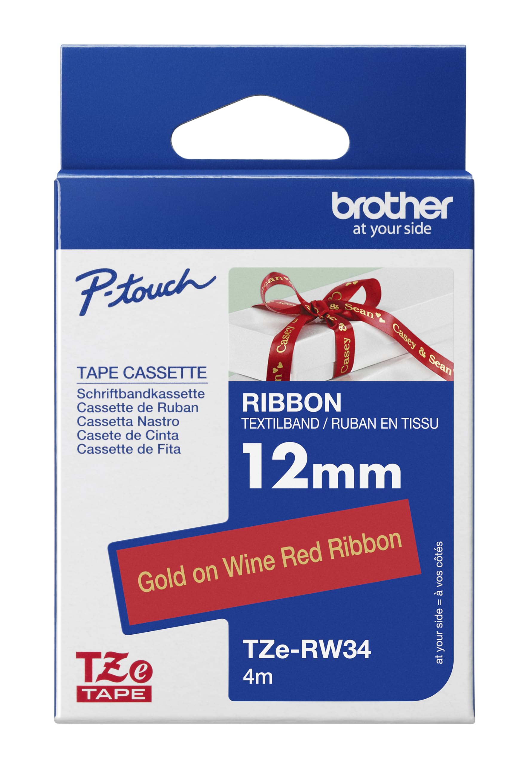 Brother TZe-RW34 Labelling Tape Cassette, Gold on Wine Red, 12 mm (W) x 4M (L), Ribbon Tape, Brother Genuine Supplies