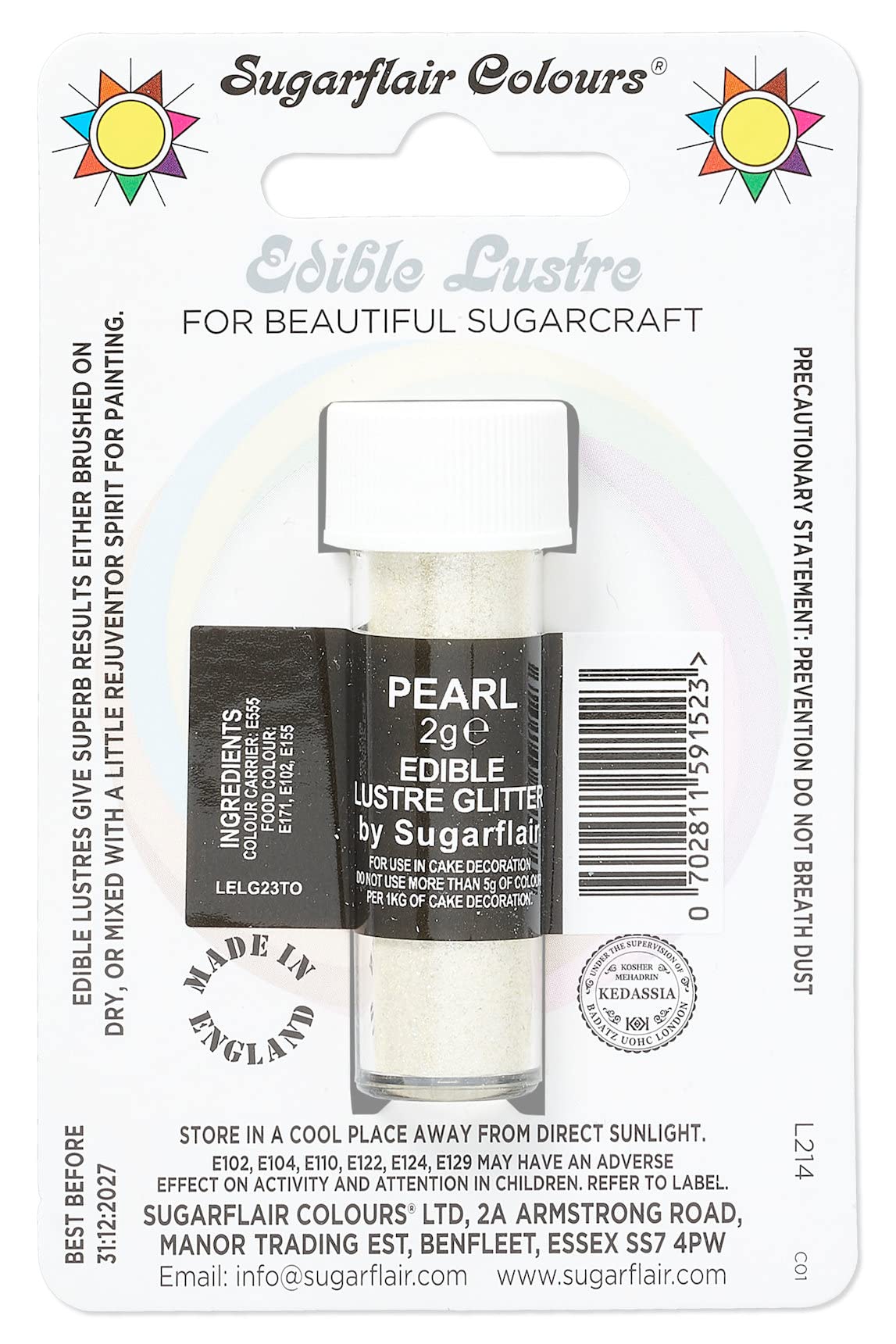 Sugarflair Pearl Edible Lustre Glitter, Add a Lustrous Shine to Cakes or Decorations. Brush On or Add Rejuvenator to Create Eye-Catching Edible Paint - 2g