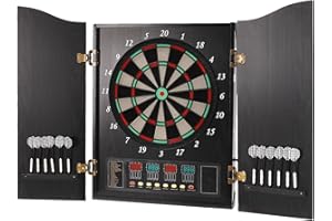 TREMENPOW Pro Electronic Dartboard Cabinet Set with LED Digital Scoreboard Electronic Dart Board Over 27 Games and 243 Variations for Adults Built-in MDF Cabinet for 12 Soft Tip Darts 88 Tips 16-Player Scoring