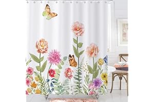 Caheansi Spring Floral Shower Curtain, Colorful Watercolor Floral Wildflowers Butterflies Botanical Plants Bathroom Curtain Waterproof Fabric Machine Washable with Hooks, 72" Wx72 L