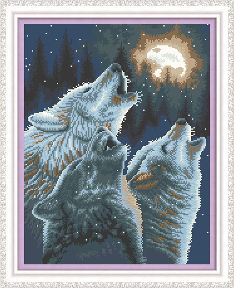 Abillyn Embroidery Cross Stitch Kits Three Wolves Howling at Moon Stamped with Printed Pattern Starter Kit (Wolf)
